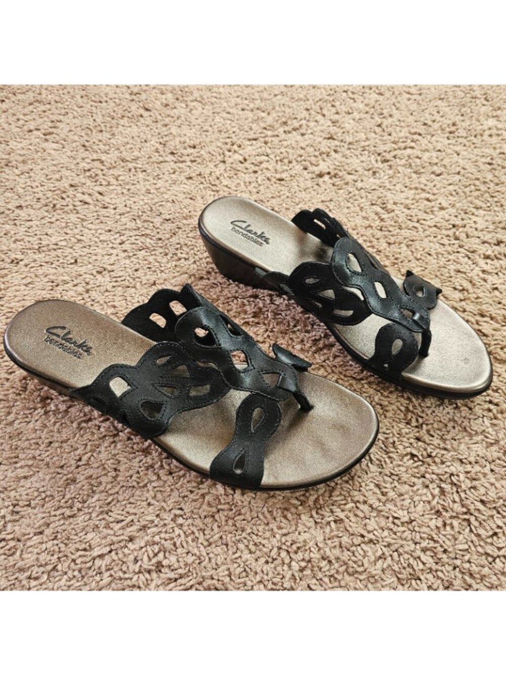 Clarks Bendables Wedge Sandals Womens 10M Black 37059 Comfort Slip On Slides - Picture 2 of 10